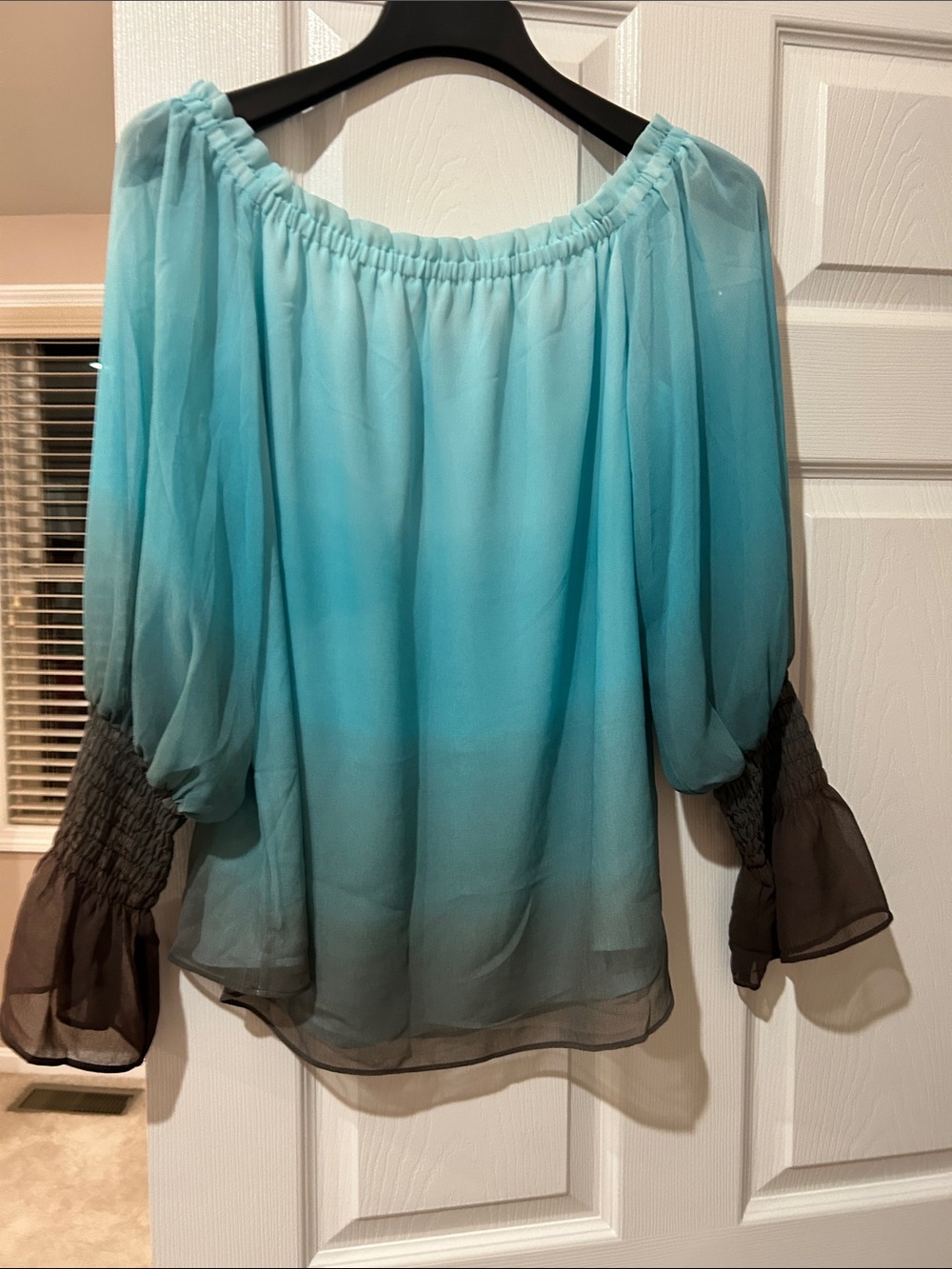 White House Black Market Sheer Ombre Off-Shoulder Blouse in Aqua and Charcoal